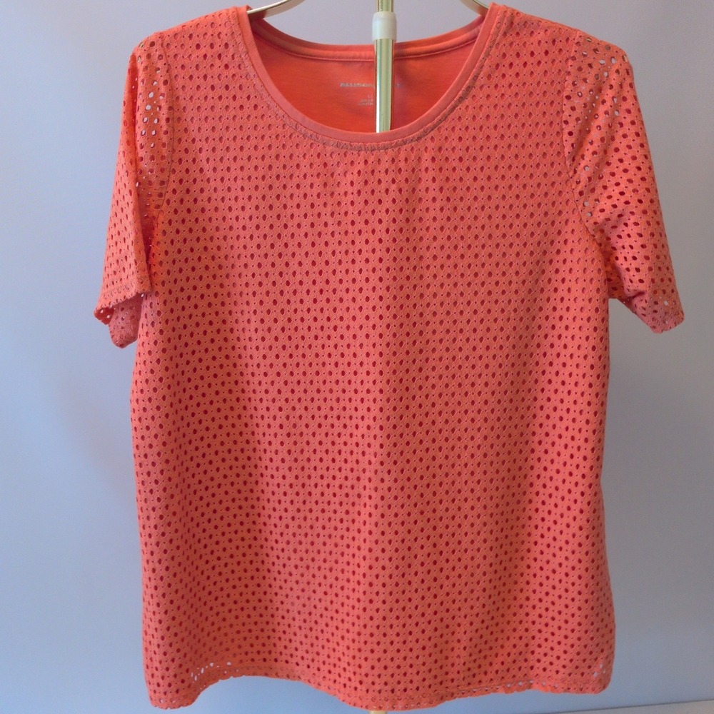 Allison Daley Top Women L Coral Lattice Overlay Short Sleeve Scoop Neck Casual